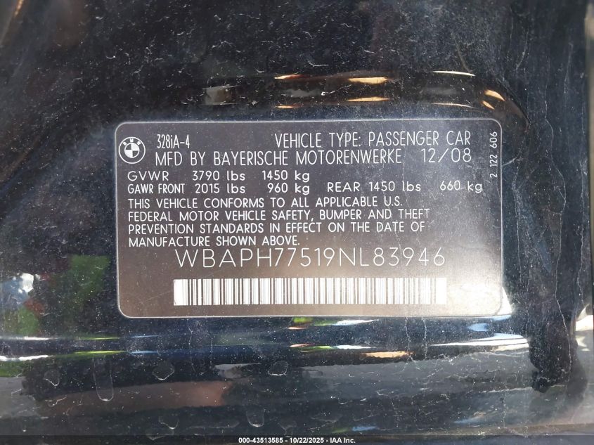 2009 BMW 328I VIN: WBAPH77519NL83946 Lot: 43513585