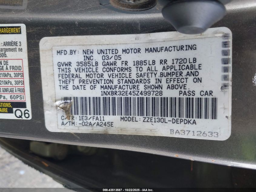 2005 Toyota Corolla Ce VIN: 1NXBR32E45Z499728 Lot: 43513587