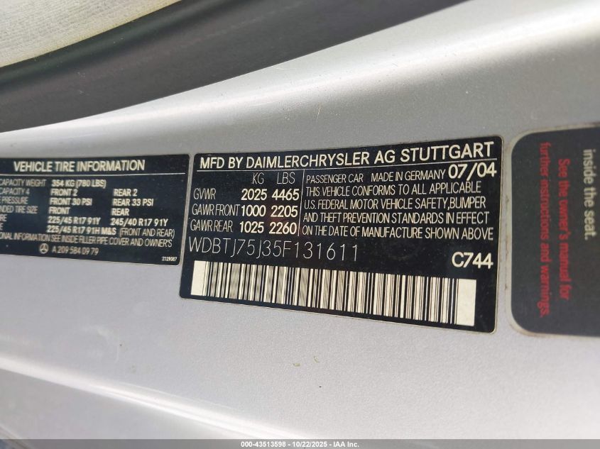 2005 Mercedes-Benz Clk 500 VIN: WDBTJ75J35F131611 Lot: 43513598