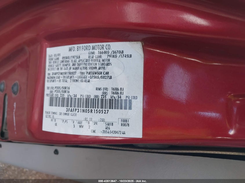 3FAFP31N05R150527 2005 FORD FOCUS photo no. 9