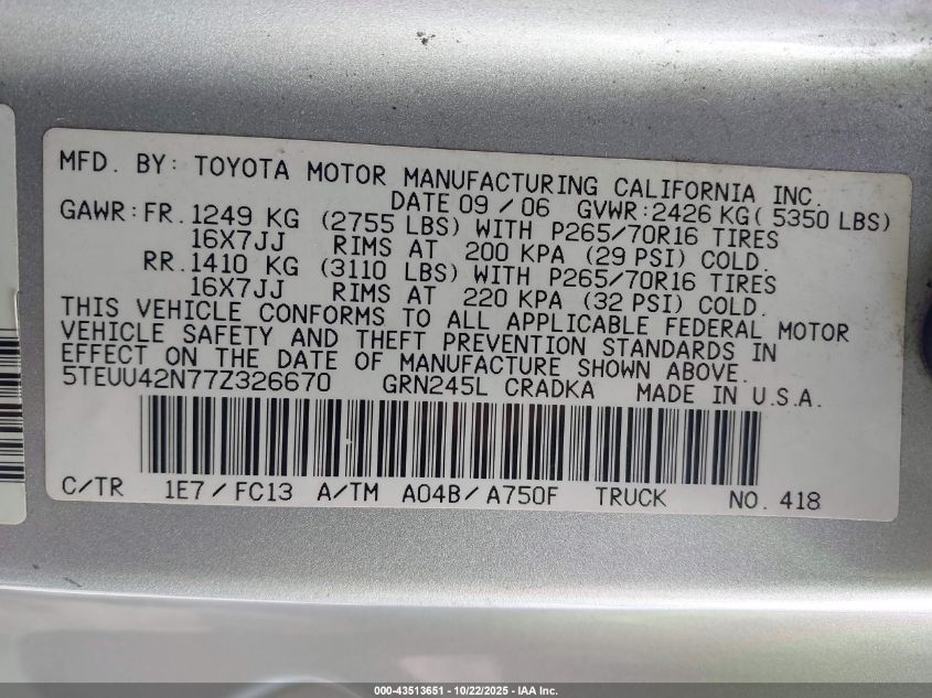 2007 Toyota Tacoma Base V6 VIN: 5TEUU42N77Z326670 Lot: 43513651