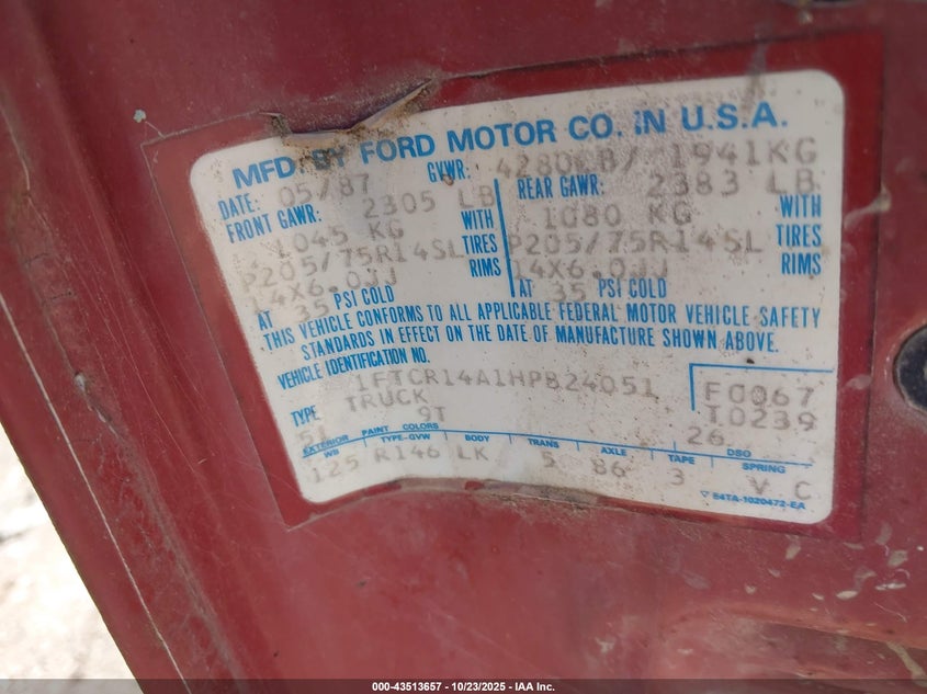 1987 Ford Ranger Super Cab VIN: 1FTCR14A1HPB24051 Lot: 43513657