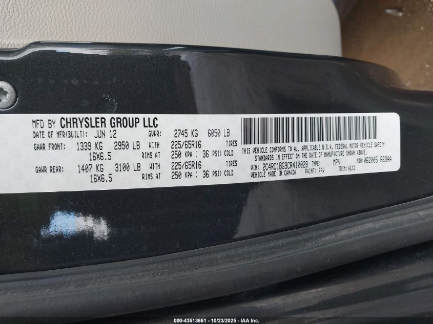 2012 Chrysler Town & Country Touring VIN: 2C4RC1BG9CR410028 Lot: 43513661