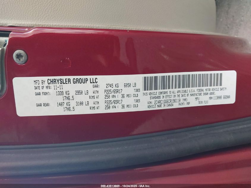 2012 Chrysler Town & Country Limited VIN: 2C4RC1GG6CR196110 Lot: 43513669