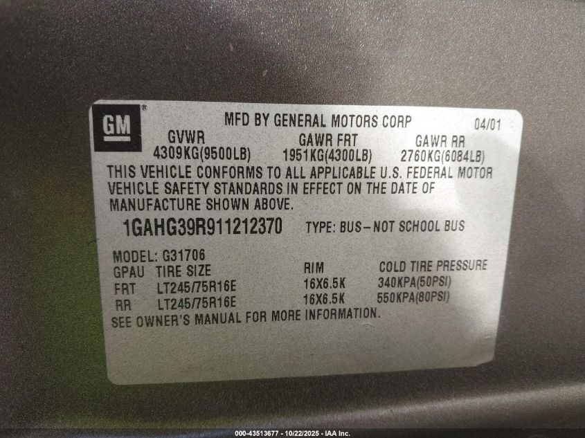 2001 Chevrolet Express VIN: 1GAHG39R911212370 Lot: 43513677