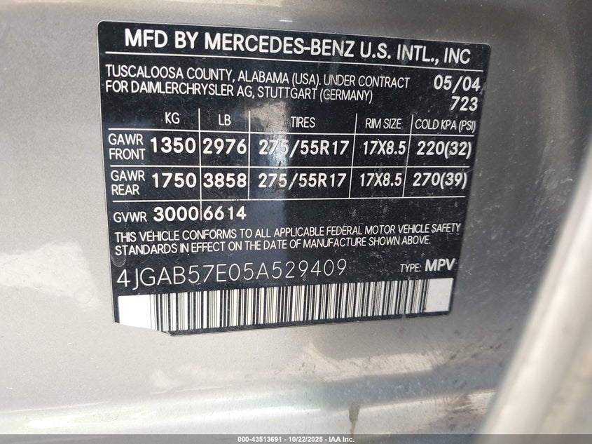 4JGAB57E05A529409 2005 MERCEDES-BENZ M-KLASSE photo no. 9