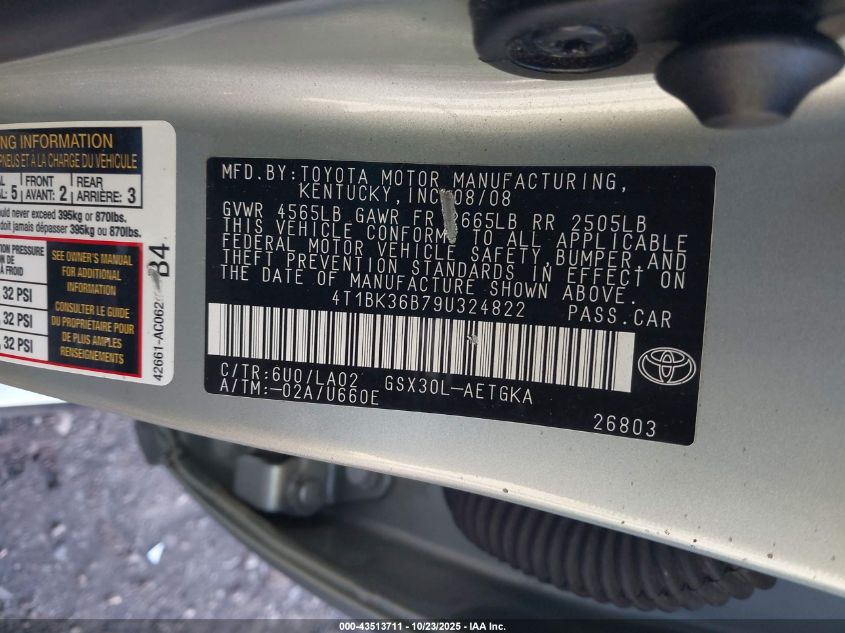 2009 Toyota Avalon Xls VIN: 4T1BK36B79U324822 Lot: 43513711