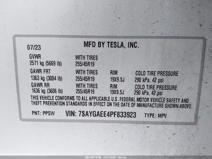 2023 Tesla Model Y VIN: 7SAYGAEE4PF833923 Lot: 43513706