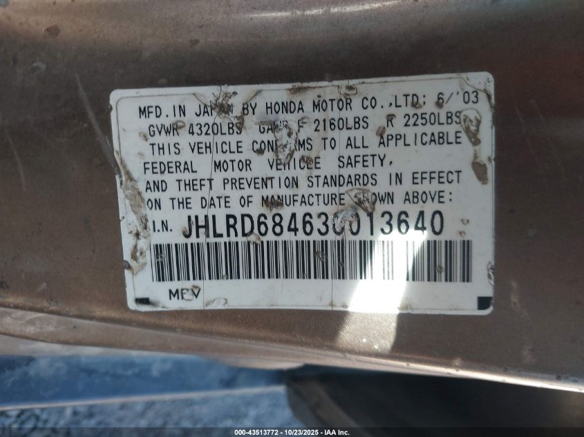 2003 Honda Cr-V Lx VIN: JHLRD68463C013640 Lot: 43513772