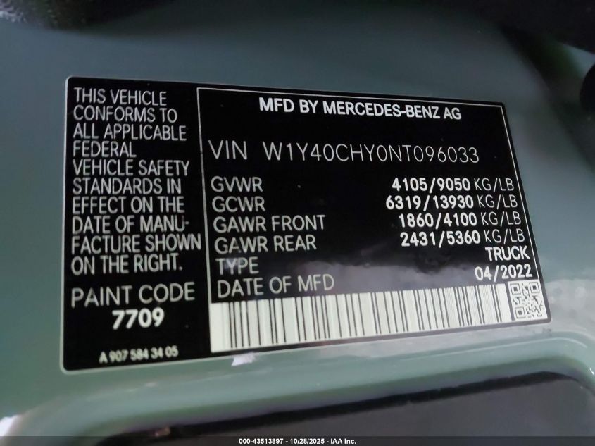 2022 Mercedes-Benz Sprinter 2500 High Roof I4 VIN: W1Y40CHY0NT096033 Lot: 43513897