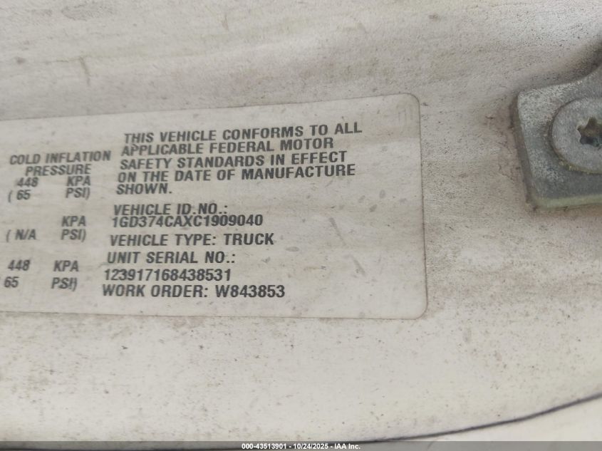 2012 GMC Savana Cutaway Work Van VIN: 1GD374CAXC1909040 Lot: 43513901