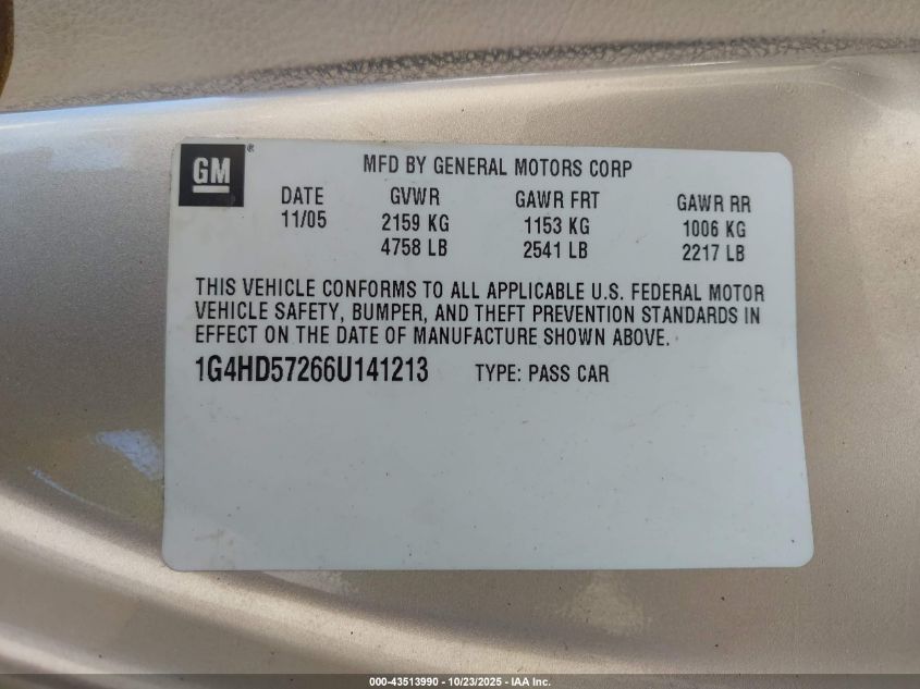 2006 Buick Lucerne Cxl VIN: 1G4HD57266U141213 Lot: 43513990