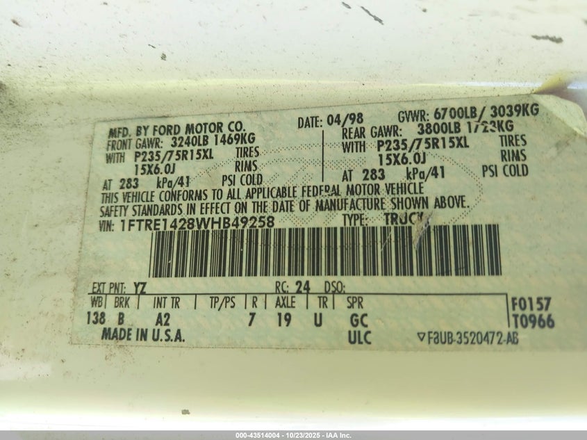 1FTRE1428WHB49258 1998 FORD ECONOLINE photo no. 9