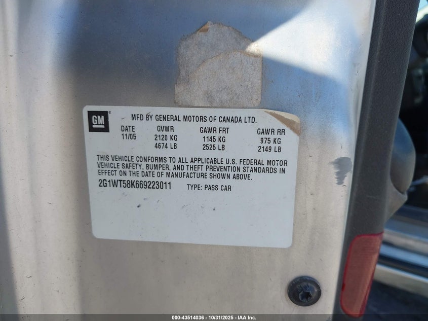 2G1WT58K669223011 2006 CHEVROLET IMPALA photo no. 9