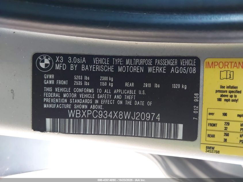 2008 BMW X3 3.0Si VIN: WBXPC934X8WJ20974 Lot: 43514090