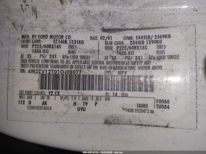 2001 Mercury Villager Sport VIN: 4M2ZV12T01DJ08077 Lot: 43514113