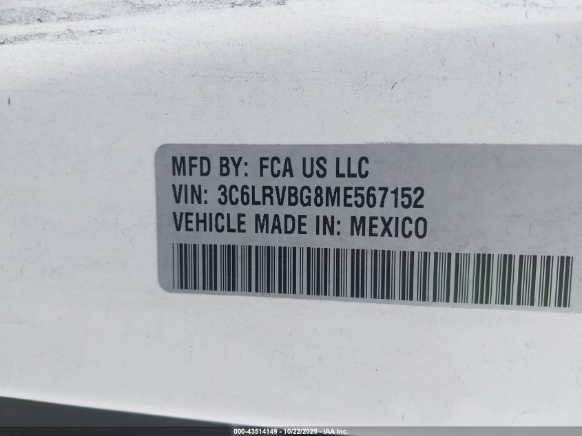 2021 Ram Promaster 1500 High Roof 136 Wb VIN: 3C6LRVBG8ME567152 Lot: 43514149