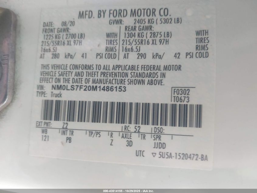 2021 Ford Transit Connect Xlt VIN: NM0LS7F20M1486153 Lot: 43514155