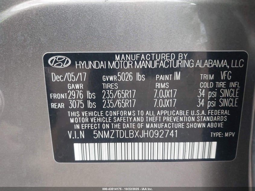 2018 HYUNDAI SANTA FE SPORT 2.4L 5NMZTDLBXJH092741