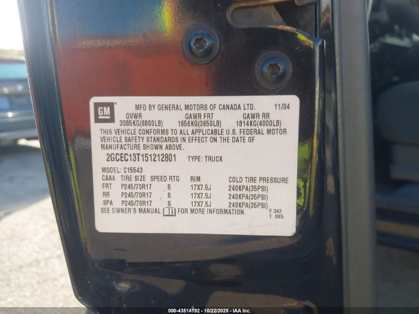 2005 Chevrolet Silverado 1500 Ls VIN: 2GCEC13T151212801 Lot: 43514192