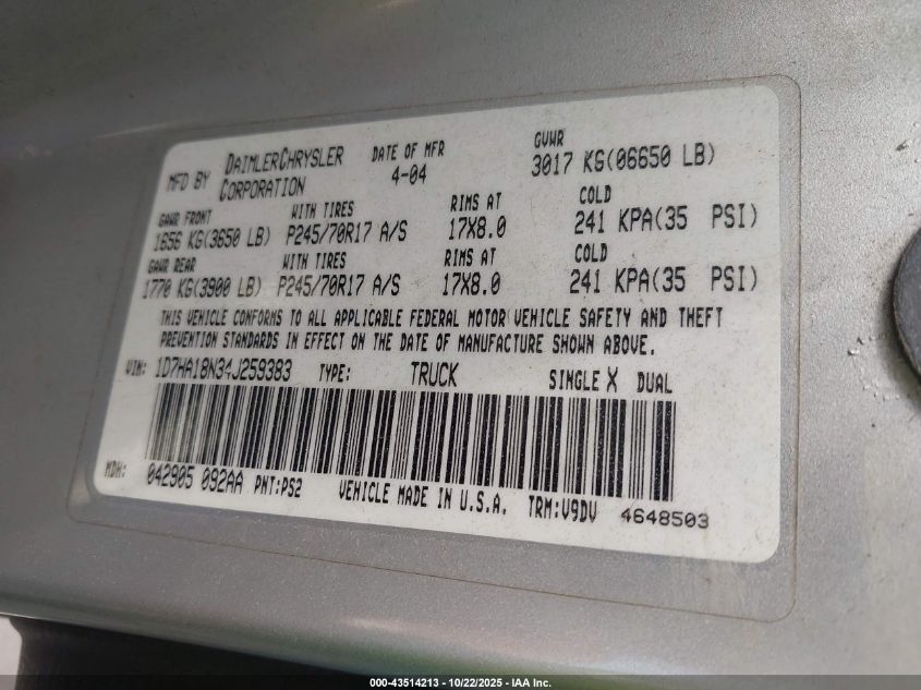 2004 Dodge Ram 1500 Slt/Laramie VIN: 1D7HA18N34J259383 Lot: 43514213