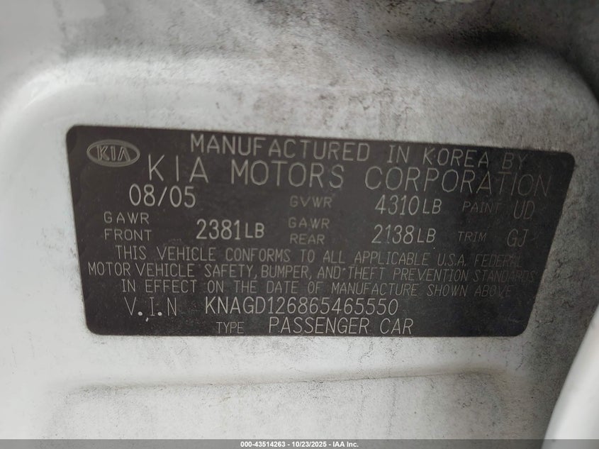 2006 Kia Optima Ex/Lx VIN: KNAGD126865465550 Lot: 43514263