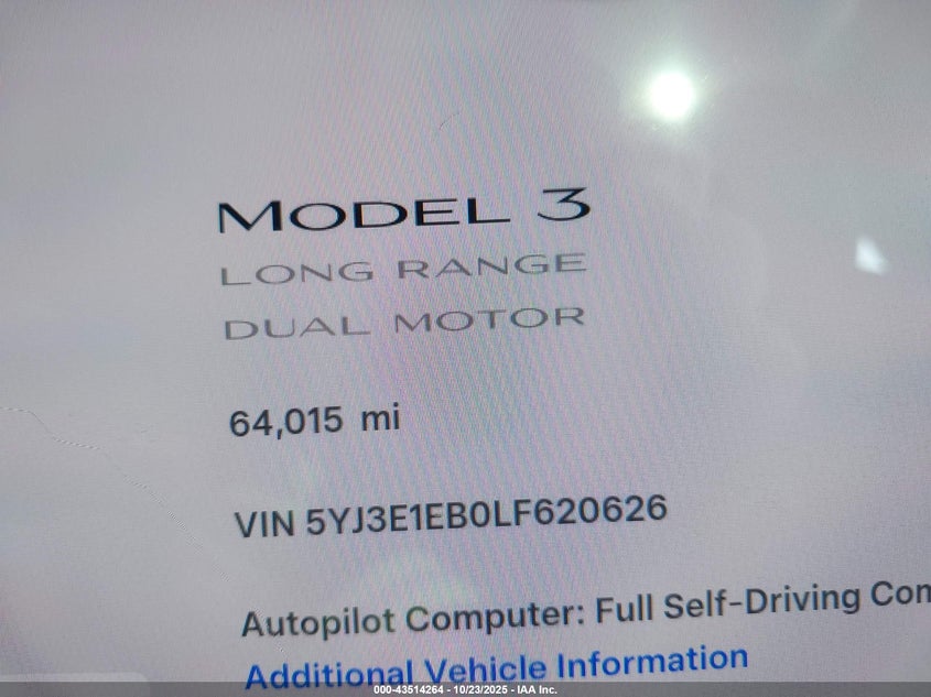 2020 Tesla Model 3 Long Range VIN: 5YJ3E1EB0LF620626 Lot: 43514264