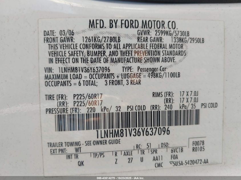 2006 Lincoln Town Car Signature VIN: 1LNHM81V36Y637096 Lot: 43514279