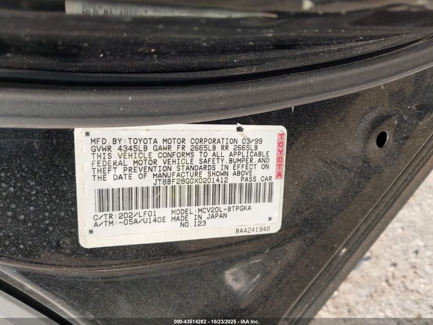 1999 Lexus Es 300 VIN: JT8BF28G0X0201412 Lot: 43514282