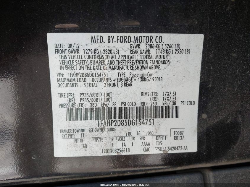 2013 Ford Taurus Se VIN: 1FAHP2D85DG154751 Lot: 43514296