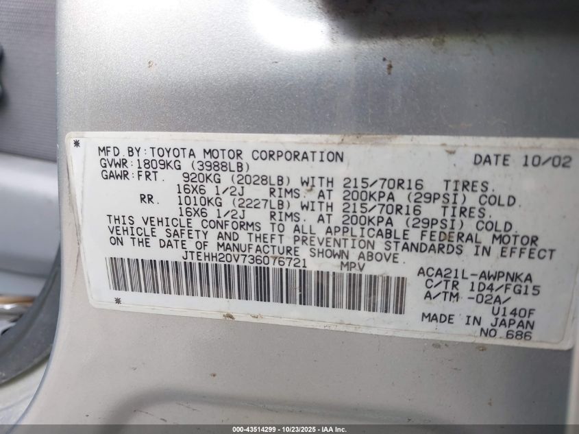 2003 Toyota Rav4 VIN: JTEHH20V736076721 Lot: 43514299