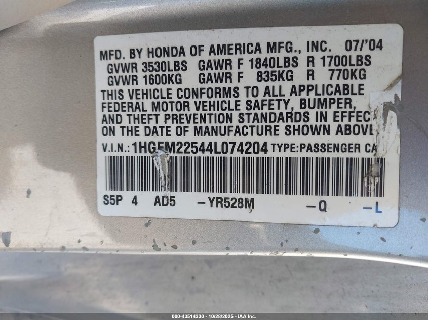 2004 Honda Civic Lx VIN: 1HGEM22544L074204 Lot: 43514330