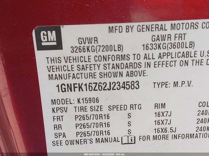 2002 Chevrolet Suburban 1500 Lt VIN: 1GNFK16Z62J234583 Lot: 43514334