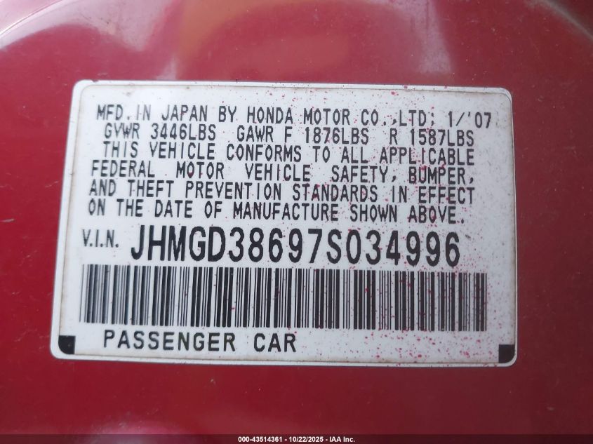 2007 Honda Fit Sport VIN: JHMGD38697S034996 Lot: 43514361