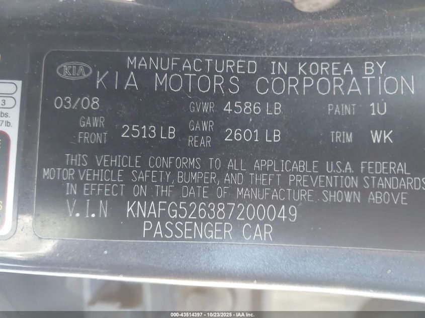 2008 Kia Rondo Lx V6 VIN: KNAFG526387200049 Lot: 43514397