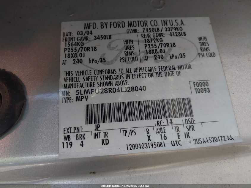 2004 Lincoln Navigator VIN: 5LMFU28R04LJ28040 Lot: 43514404