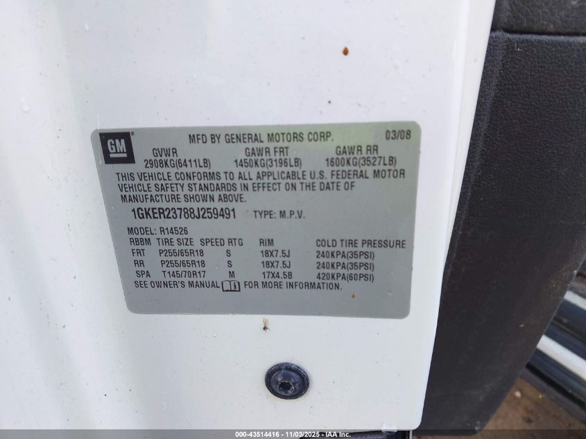 2008 GMC Acadia Slt-1 VIN: 1GKER23788J259491 Lot: 43514416