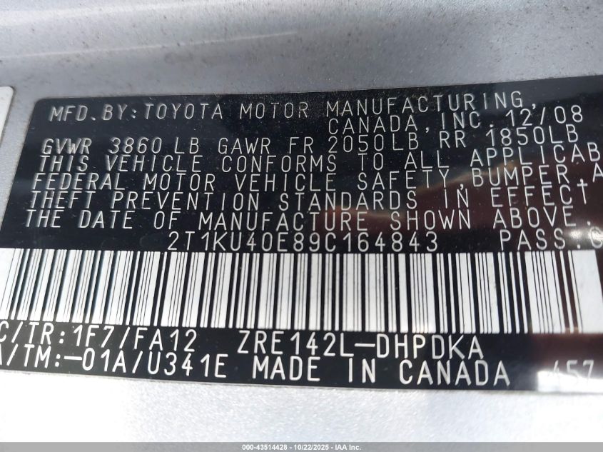 2009 Toyota Matrix VIN: 2T1KU40E89C164843 Lot: 43514428