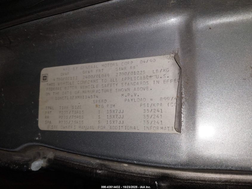 1991 Chevrolet Blazer S10 VIN: 1GNCT18ZXM8134574 Lot: 43514432