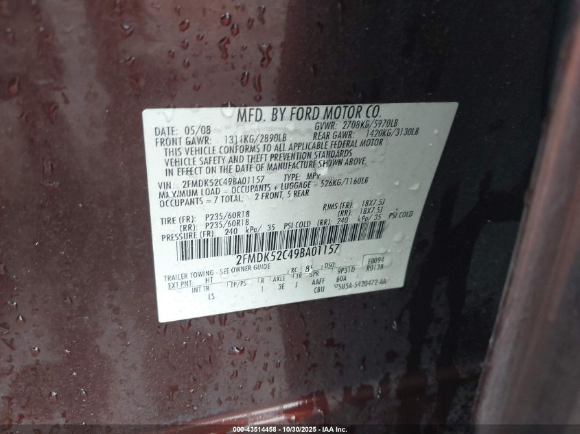 2009 Ford Flex Sel VIN: 2FMDK52C49BA01157 Lot: 43514458