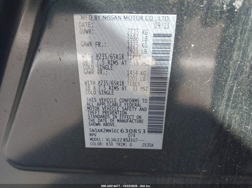 2014 NISSAN PATHFINDER SV 5N1AR2MN5EC630853