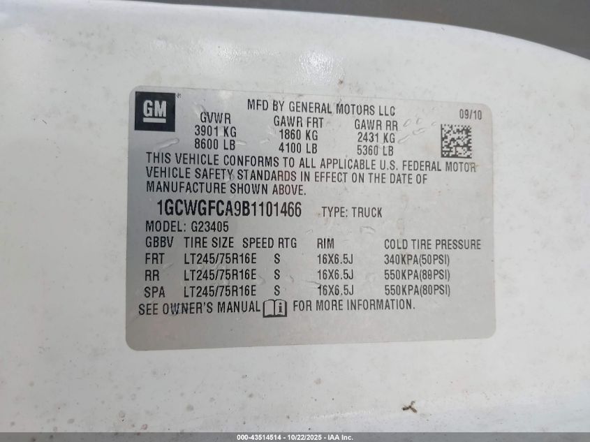 2011 Chevrolet Express 2500 Work Van VIN: 1GCWGFCA9B1101466 Lot: 43514514