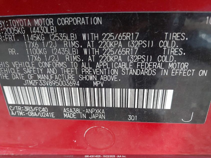 2009 Toyota Rav4 VIN: JTMZF33V895003694 Lot: 43514529