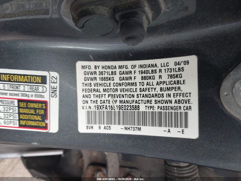 2009 Honda Civic Lx-S VIN: 19XFA16619E023588 Lot: 43514543