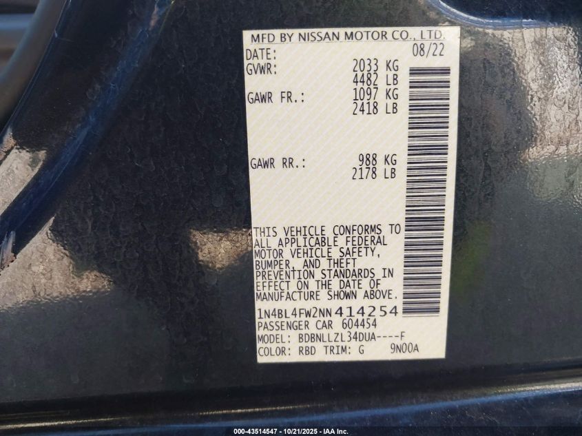 2022 Nissan Altima Platinum Intelligent Awd VIN: 1N4BL4FW2NN414254 Lot: 43514547