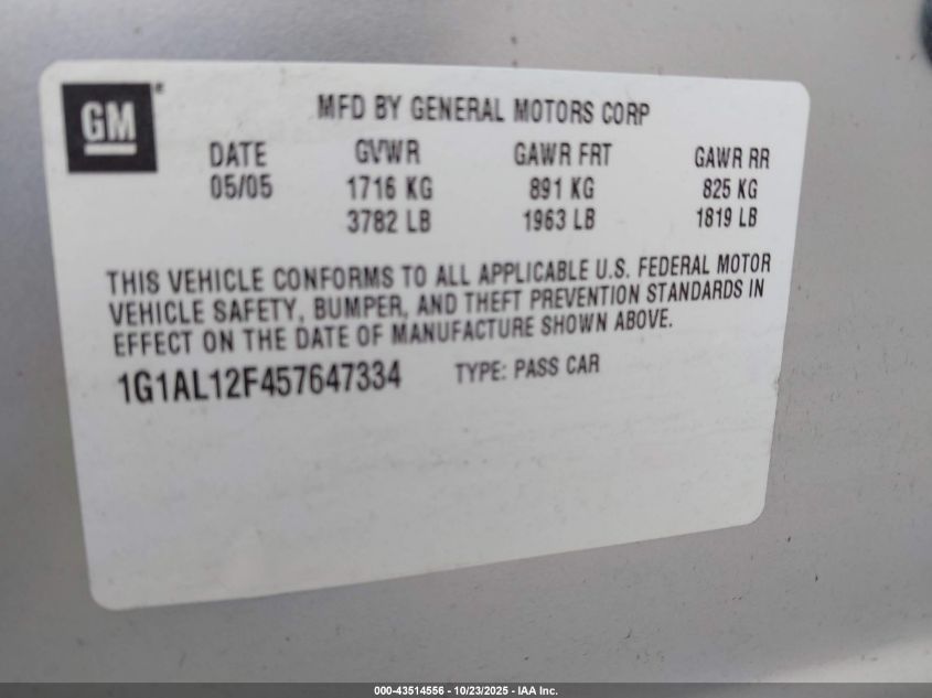 2005 Chevrolet Cobalt Ls VIN: 1G1AL12F457647334 Lot: 43514556