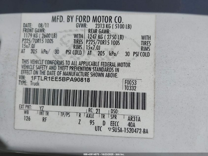 2011 Ford Ranger Xlt VIN: 1FTLR1EE5BPA90818 Lot: 43514570