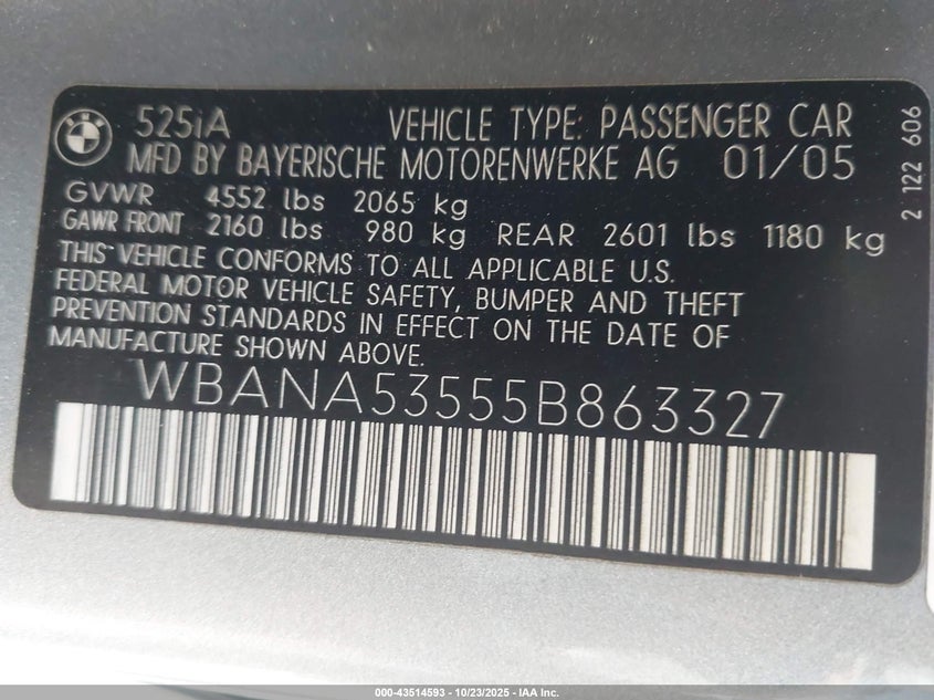 WBANA53555B863327 2005 BMW 5ER photo no. 9