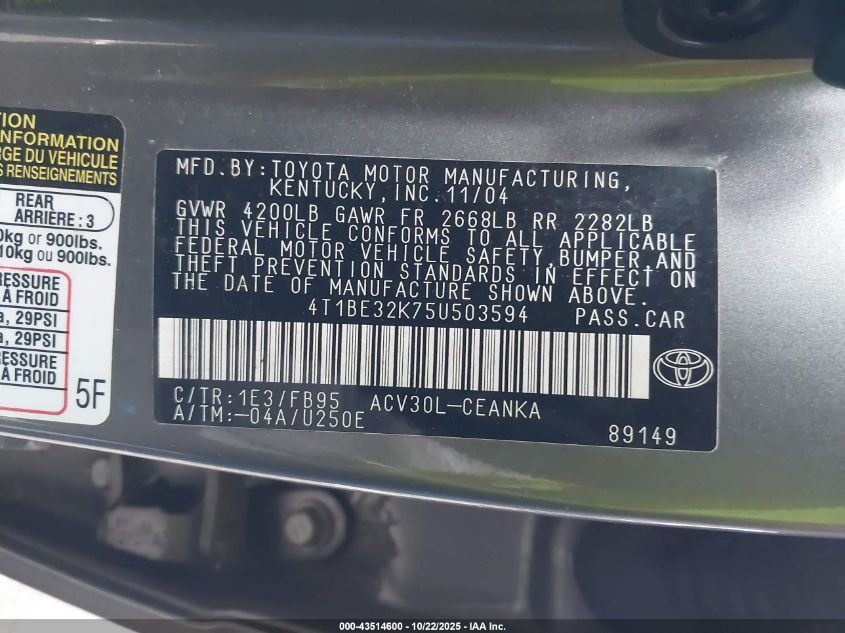 2005 Toyota Camry Le VIN: 4T1BE32K75U503594 Lot: 43514600