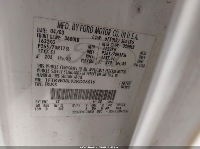 2003 Ford F-150 Lariat/Xlt VIN: 1FTRW08L93KD26019 Lot: 43514621